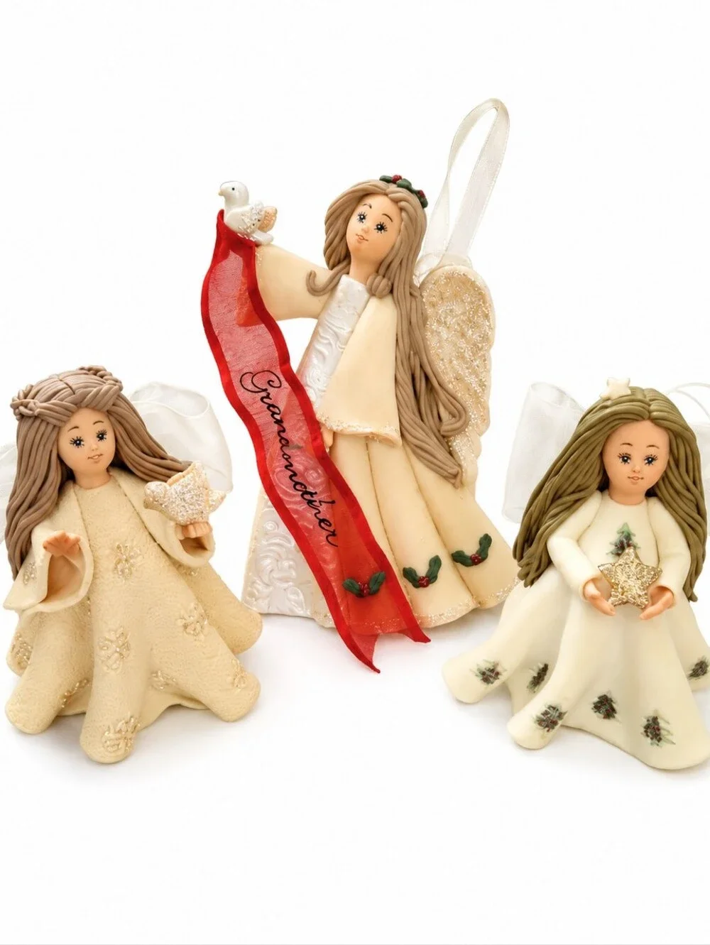 Lot of 3 Kneeded Angel Ornaments Grandmother, Dove, Star.  Holiday Decor